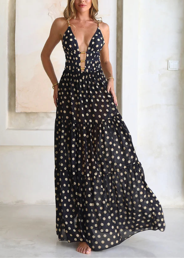 Black and Gold Polka Dots V-neck One Piece Swimsuit and Skirt-thevervian