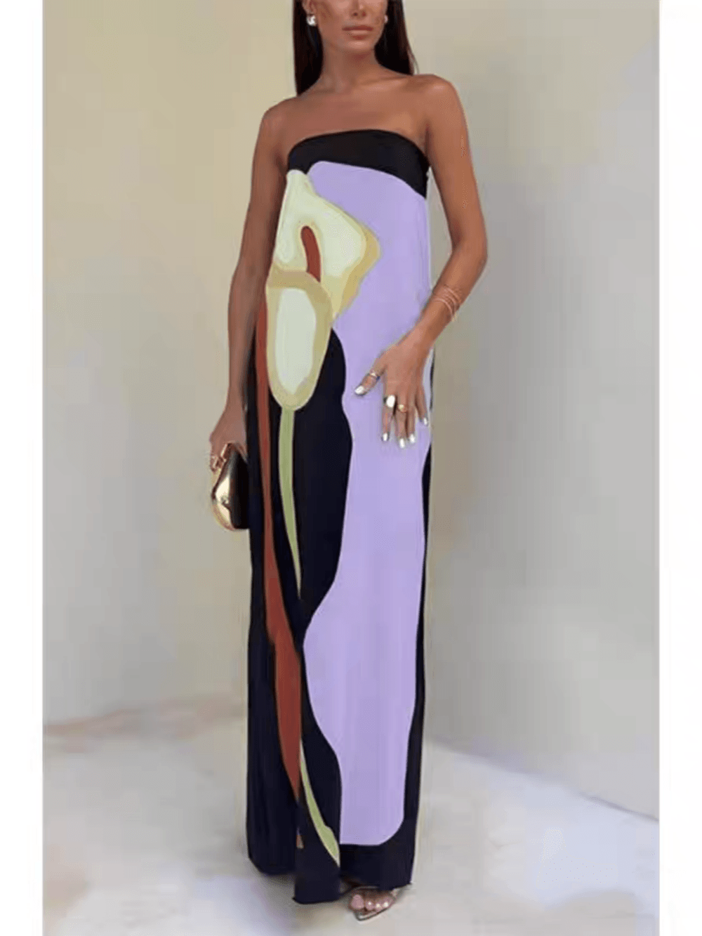 Strapless Color Block Printed Maxi Party Dress-thevervian