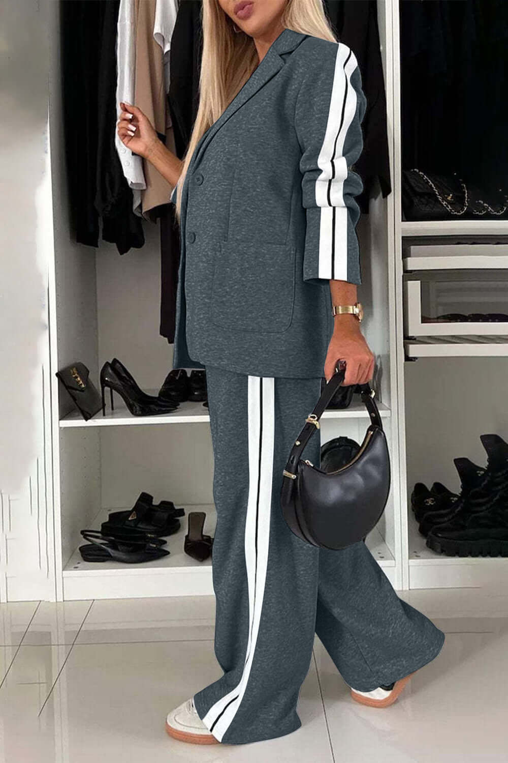 Contrast Lapel Collar Top and Pants Set-thevervian