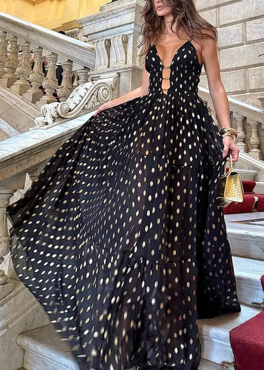 Black and Gold Polka Dots V-neck One Piece Swimsuit and Skirt-thevervian