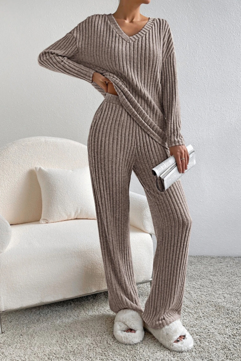 Ribbed V-Neck Top and Pants Set-thevervian