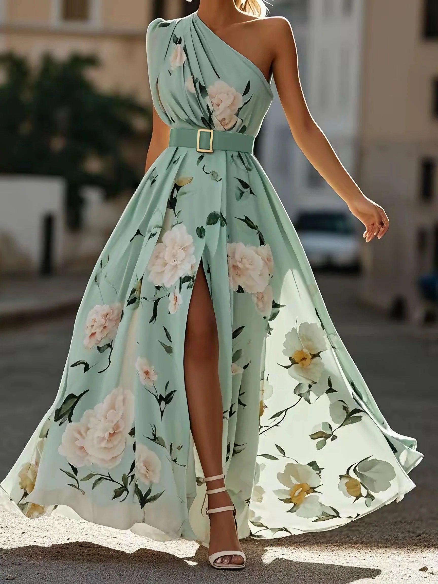 Light Green Floral Ruched One Shoulder A-Line Maxi Chiffon Dress-thevervian