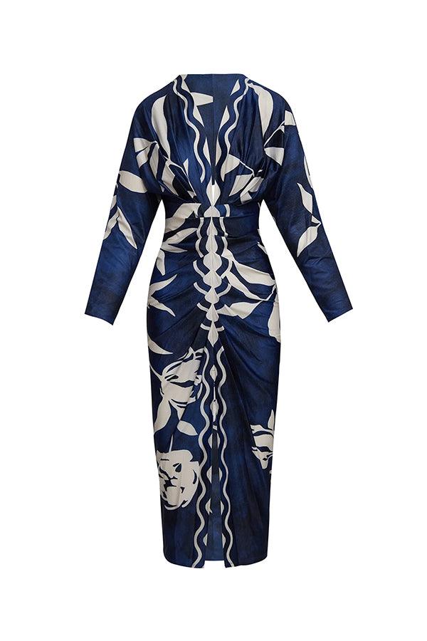 Unique Print Dolman Long Sleeve Ruched Slit Midi Dress-thevervian
