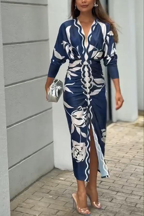 Unique Print Dolman Long Sleeve Ruched Slit Midi Dress-thevervian