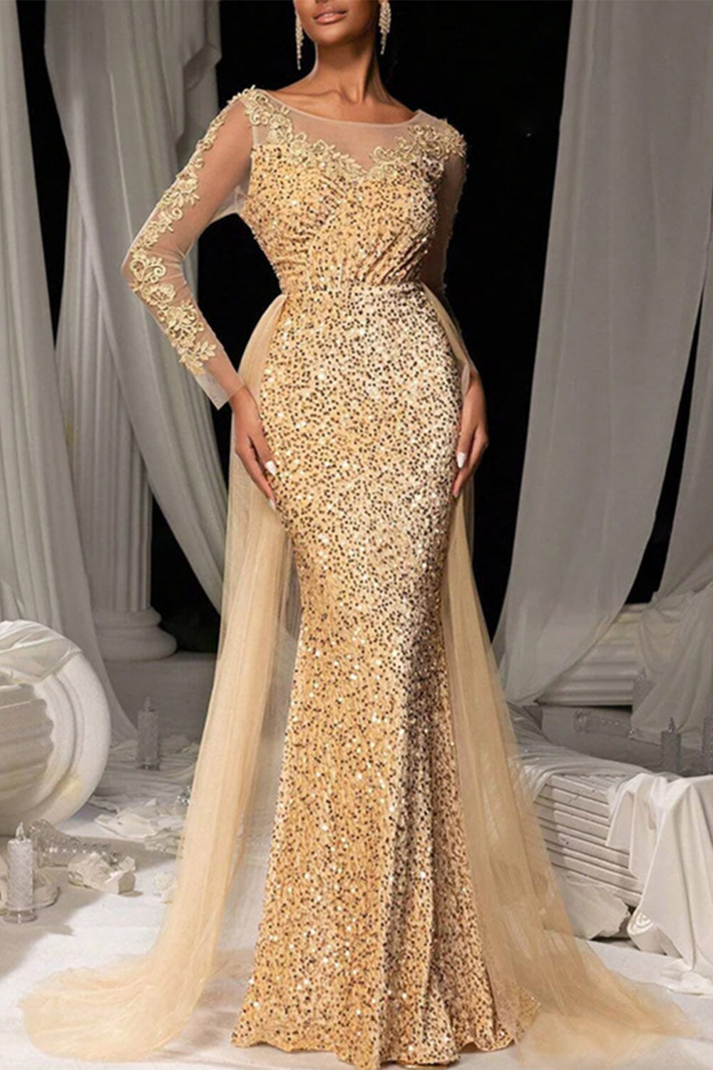 Evening Gown Dark Brown Sequined Lace Tulle Overskirt Mermaid Maxi Dress-thevervian