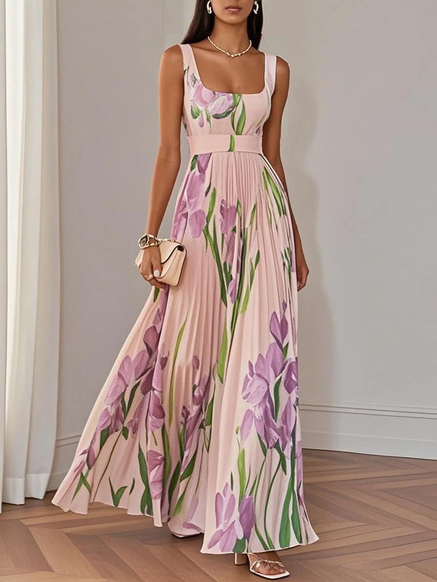 White Pleated Floral Chiffon Square Neck Sleeveless A-Line Maxi Dress-thevervian