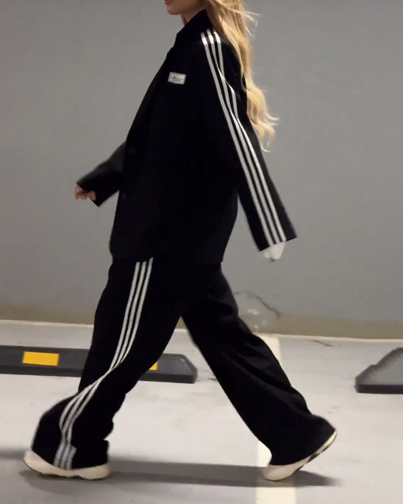 Fashionable Striped Blazer & Wide Leg Pants Two-Piece Set-thevervian