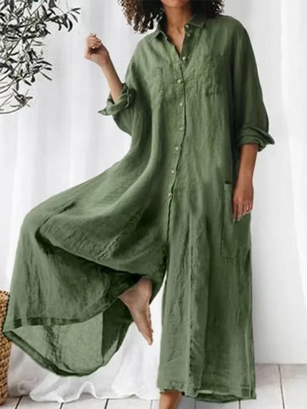 Casual Plain Lapel Collar Single Breasted Wide Leg Jumpsuit-thevervian