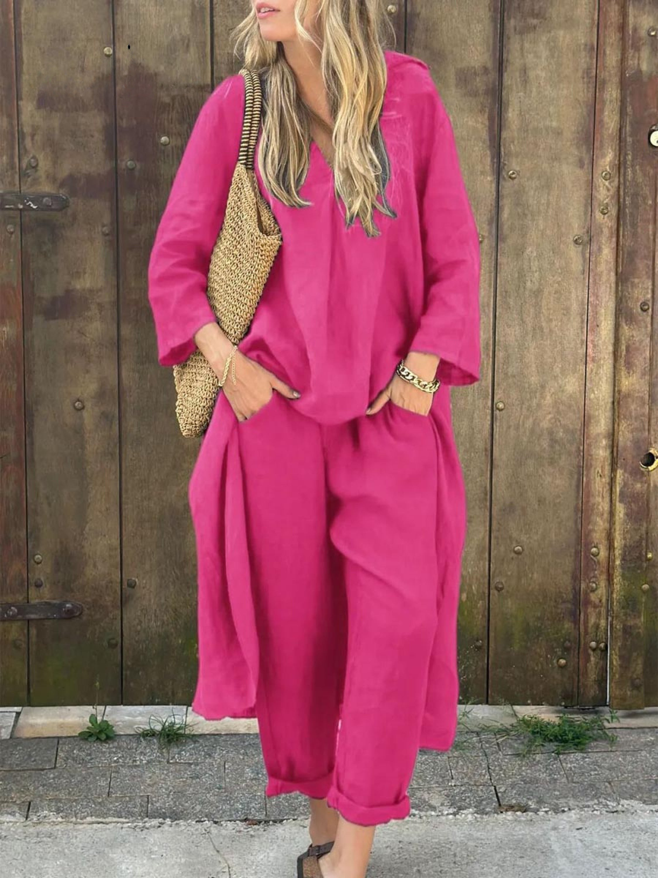 Linen Irregular Loose V-neck Top and High-Waisted Pocket Wide-leg Pants Set-thevervian