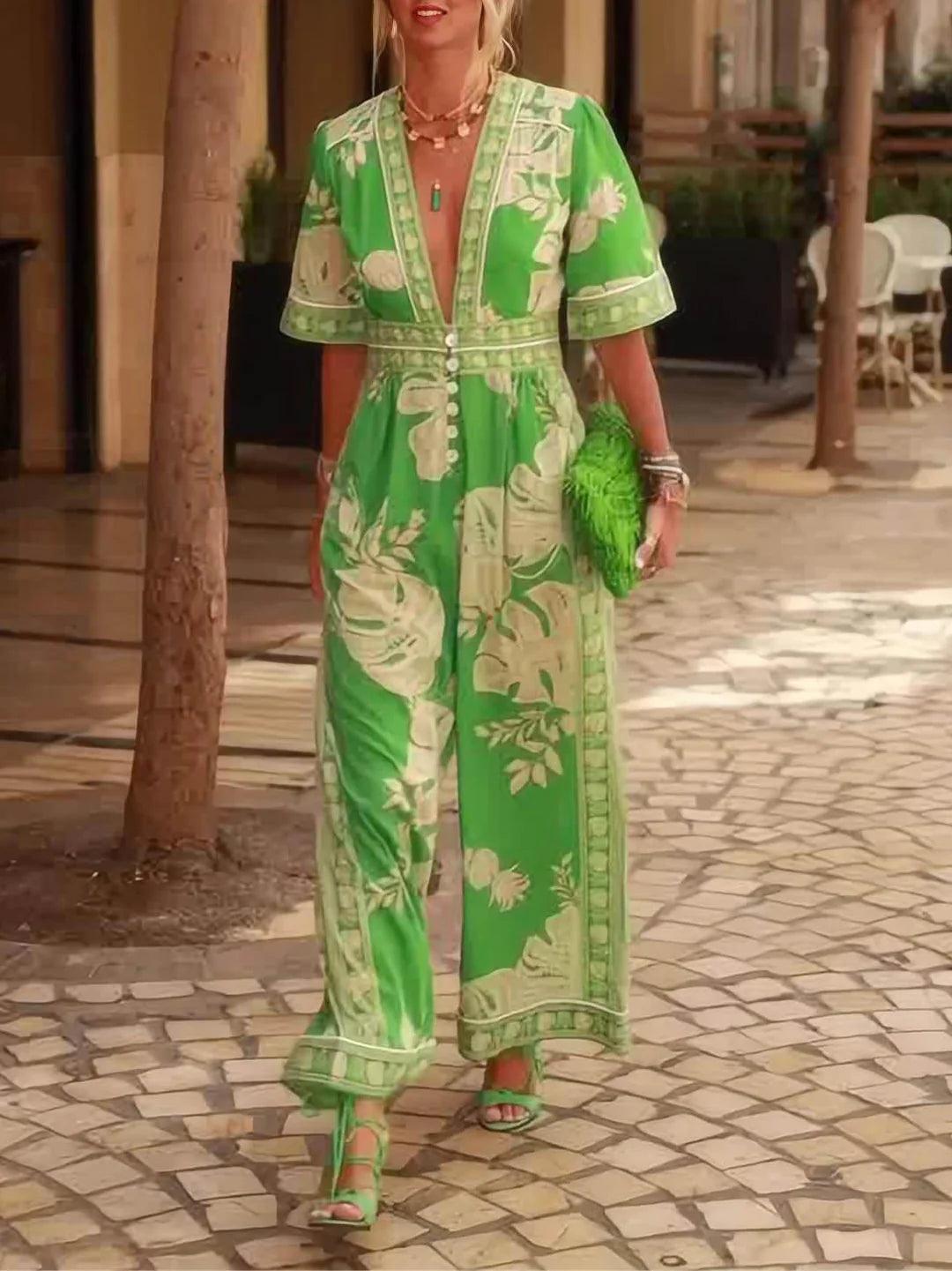 Fresh Holiday Floral Print V-Neck Short Sleeve Jumpsuit-thevervian