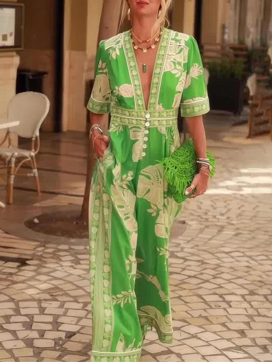 Fresh Holiday Floral Print V-Neck Short Sleeve Jumpsuit-thevervian