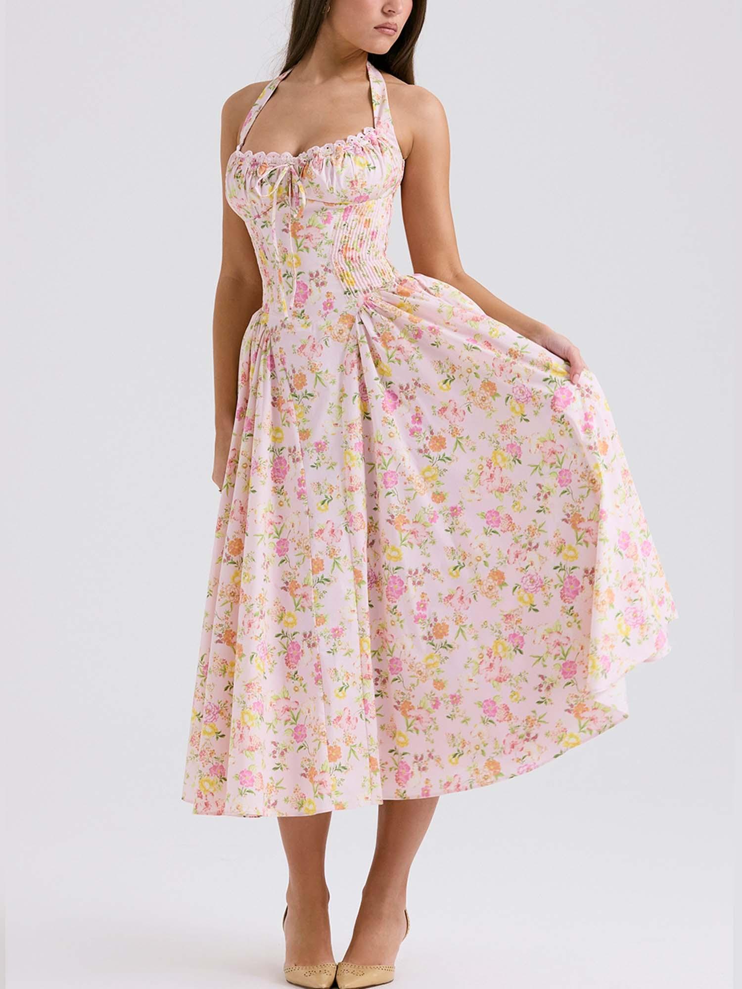 Romantic Floral Corset Midi Dress-thevervian