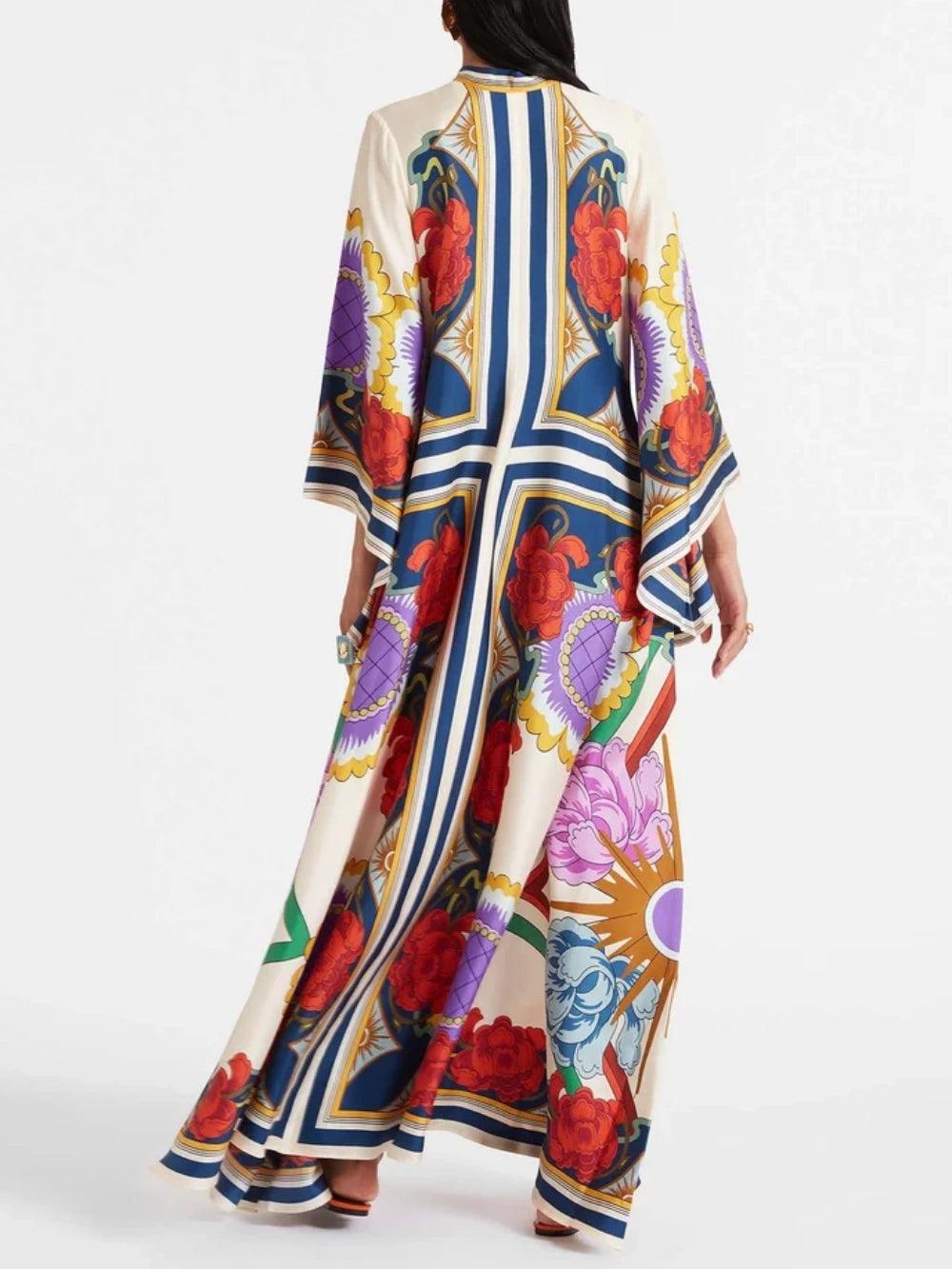 Exquisite Floral Print Draped Waterfall Sleeves Maxi Dress-thevervian