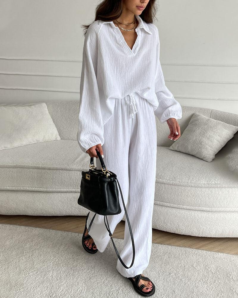 Autumn Simple V-Neck Casual Two-piece Set-thevervian