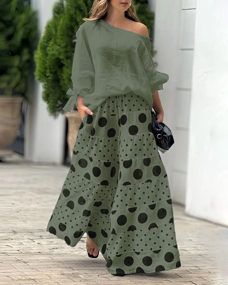 Casual Shoulder Top & Printed Pants Two-Piece Set-thevervian
