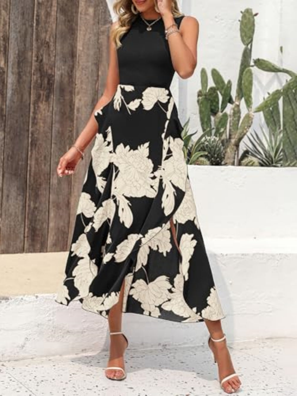 Elegant printed sleeveless midi dress-thevervian