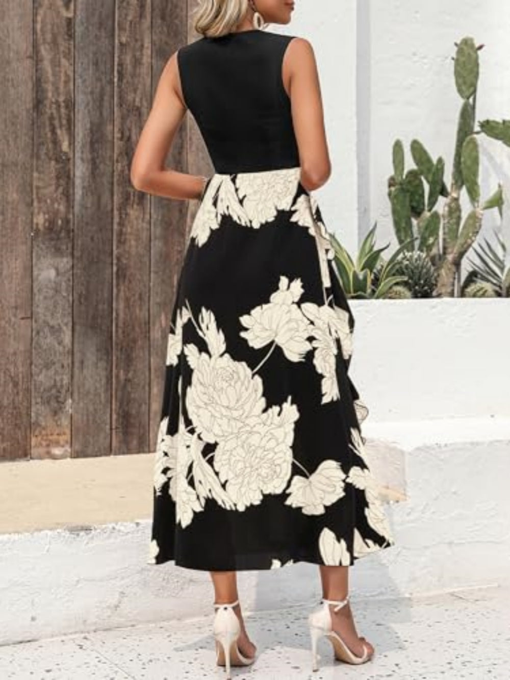 Elegant printed sleeveless midi dress-thevervian