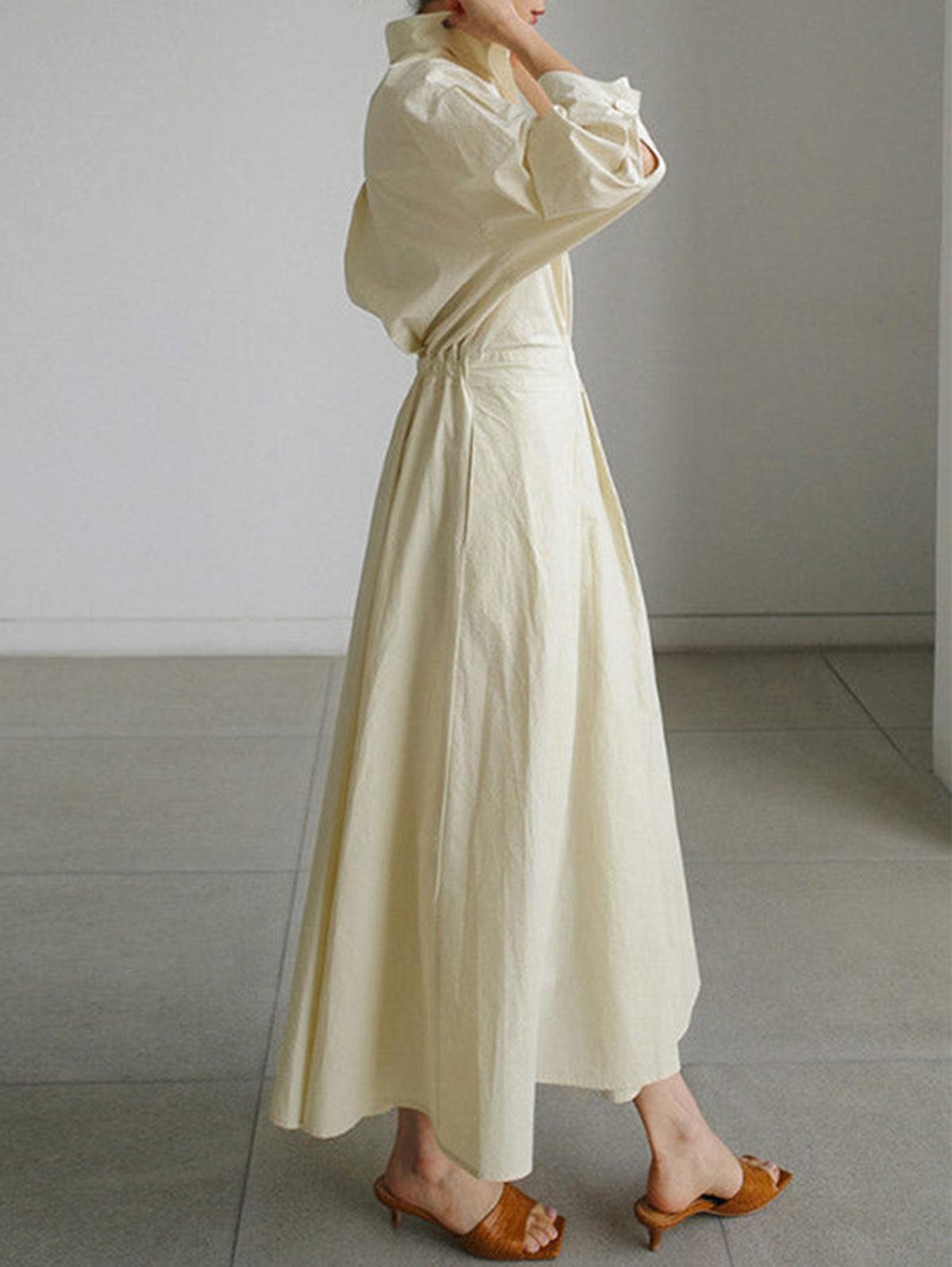 Elegant Pocket Button Lapel Collar Fold Solid Midi Dress-thevervian