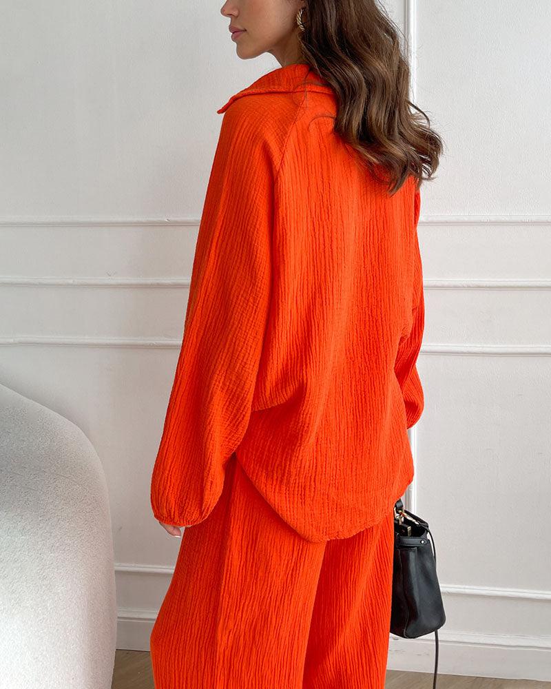 Autumn Simple V-Neck Casual Two-piece Set-thevervian