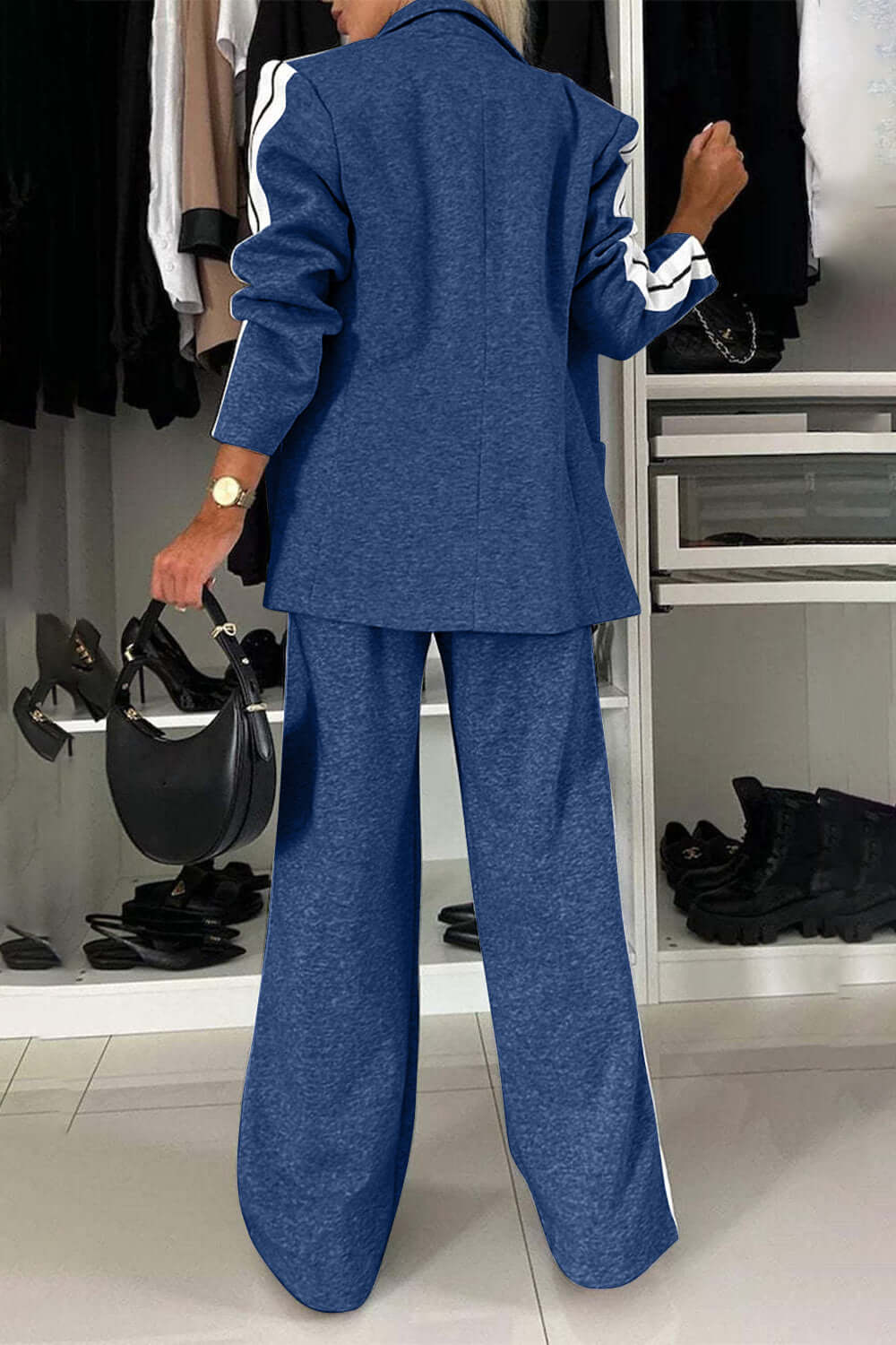 Contrast Lapel Collar Top and Pants Set-thevervian