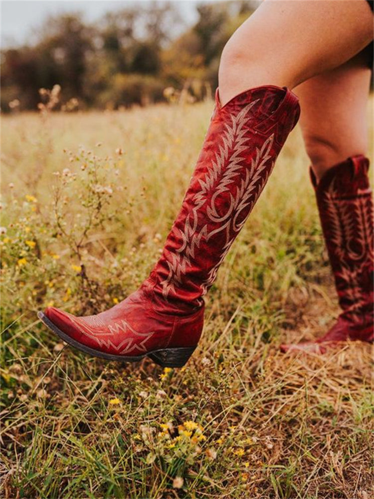 Vintage Western Cowboy Embroidered Knee-High Boots-thevervian