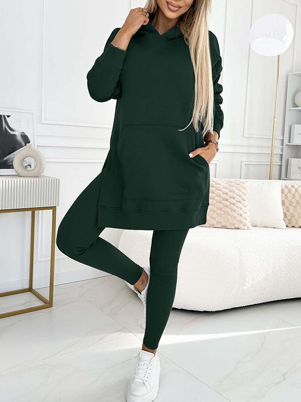 Fashion Solid Color Hoodie and Lined Leggings Two-piece Set-thevervian
