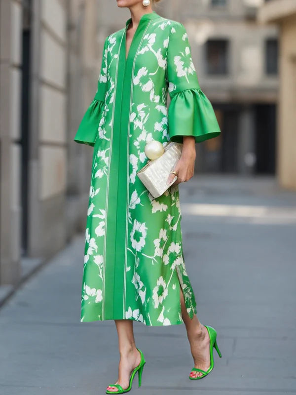 Bell Sleeve Loose Floral Print Side Slit Maxi Dress-thevervian