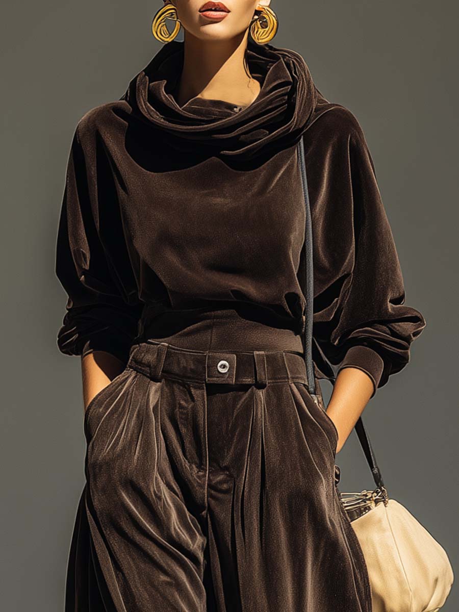 Vintage brown velvet hoodie and loose-fitting trousers set（Includes belt）-thevervian
