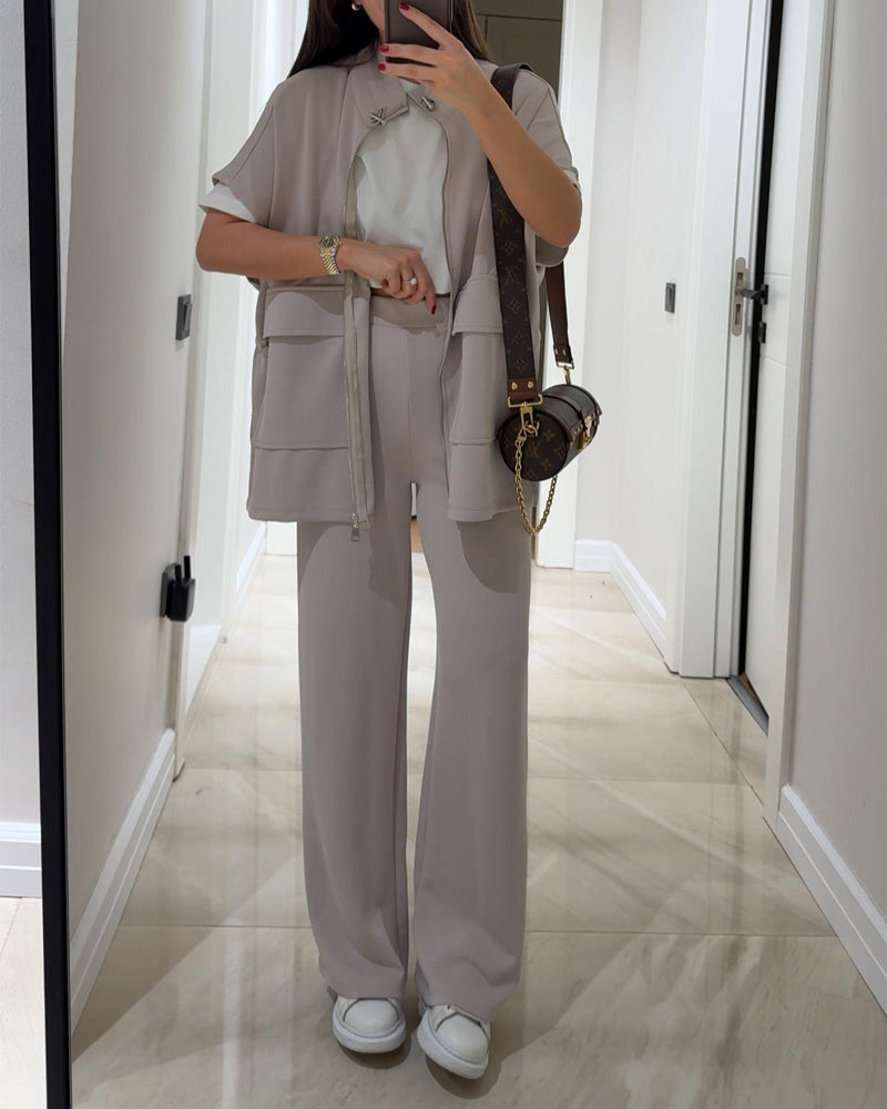 Casual Waist Stretch Detail Top & Pants Two-Piece Set-thevervian