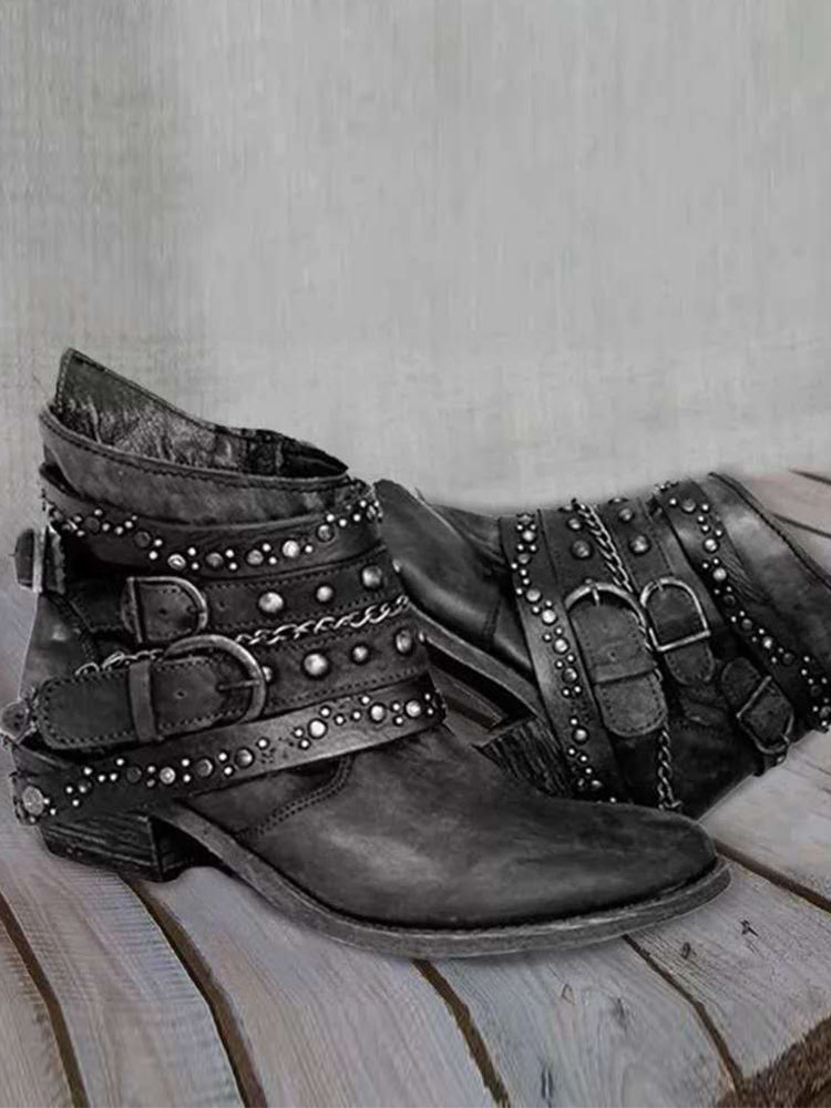 Vintage Washed Studded Buckles Ankle Boots-thevervian
