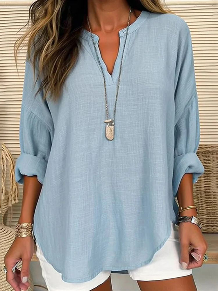 Solid Color V-Neck Long Sleeved Loose Casual Blouse-thevervian