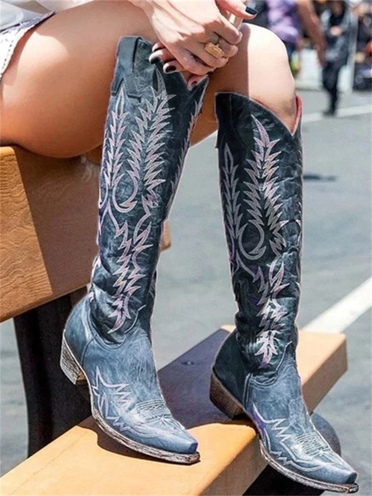 Vintage Western Cowboy Embroidered Knee-High Boots-thevervian