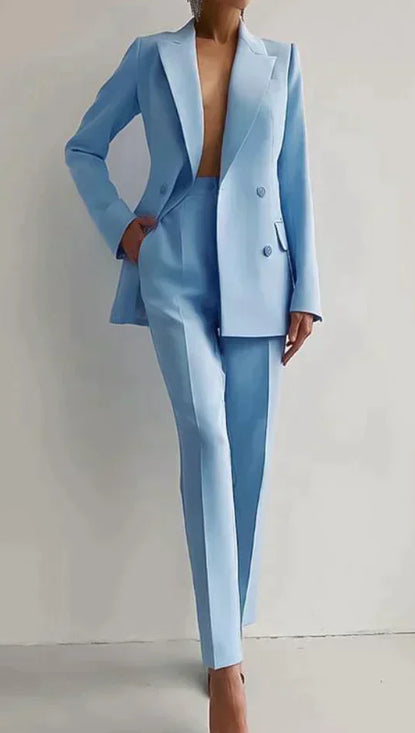 Casual Commuting Solid Color Blazer & High Waist Pants Set-thevervian