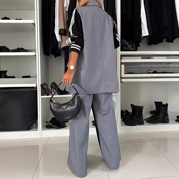 Casual Patchwork Double-Breasted Blazer & Pants Two-Piece Set-thevervian