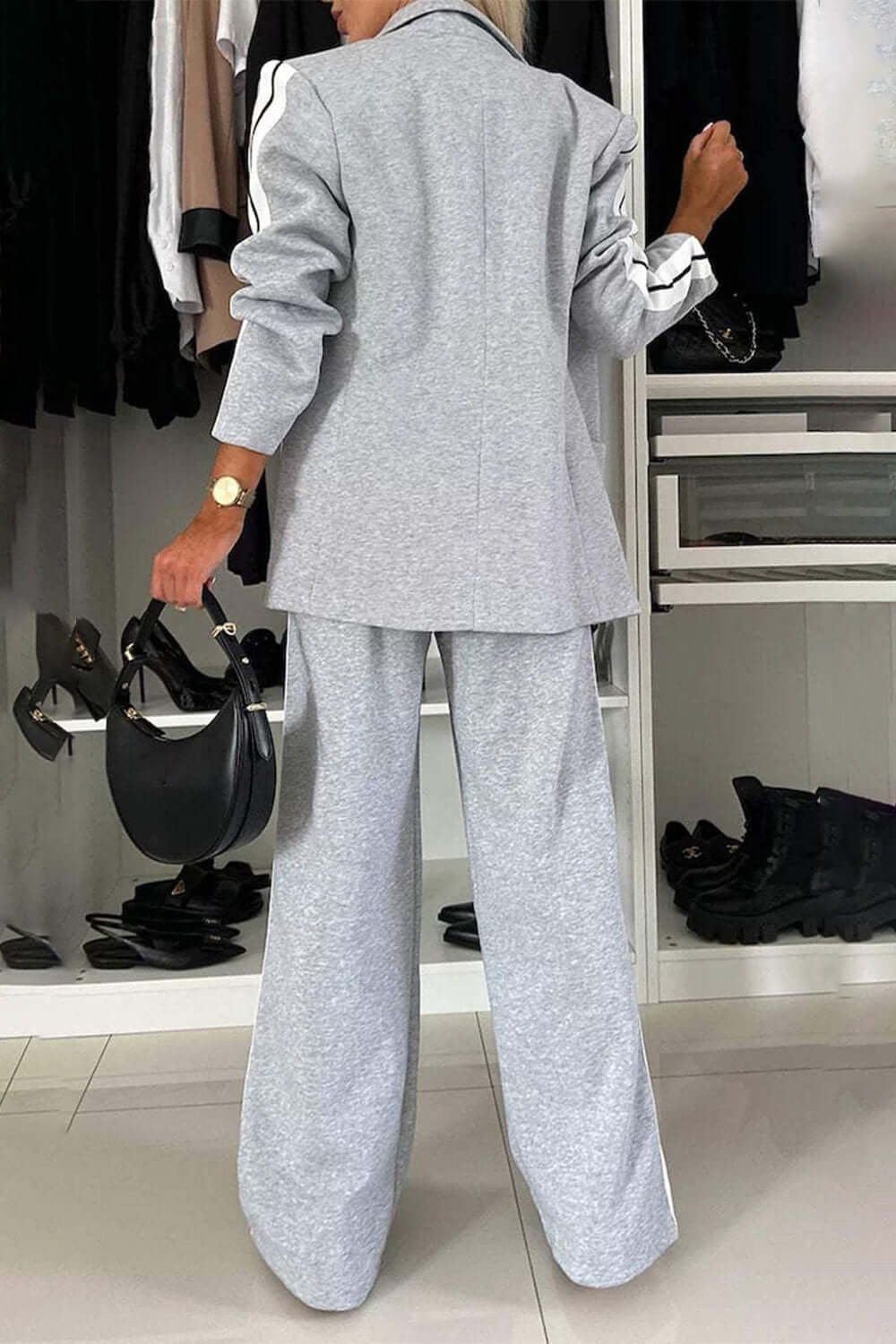 Contrast Lapel Collar Top and Pants Set-thevervian