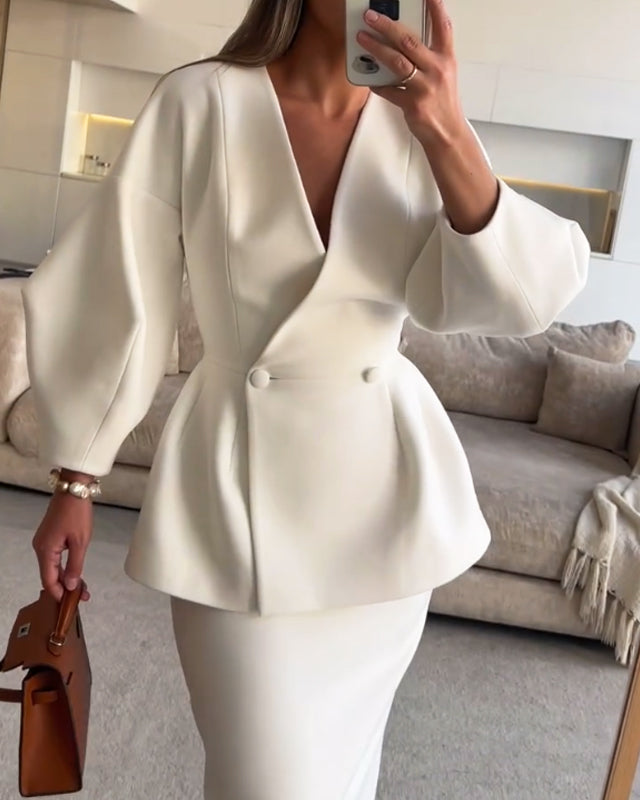 Fashion Solid Color V-Neck Top & Skirt Two-Piece Set-thevervian