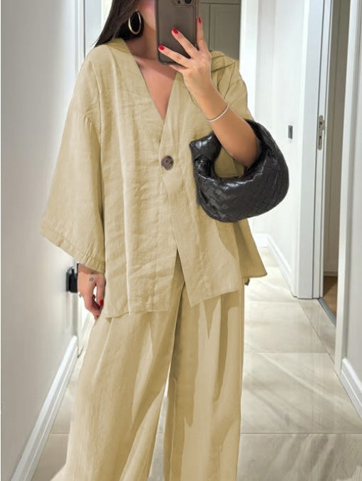 Casual V-Neck Top & Pants Two-Piece Set-thevervian