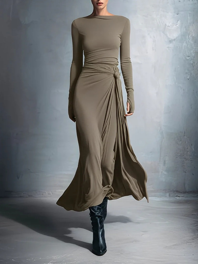 Grey Sophisticated Jersey Knit Wrap Knot Maxi Dress-thevervian
