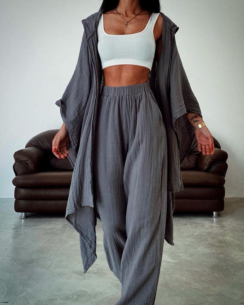 Chic hooded cardigan cotton and linen two-piece set-thevervian