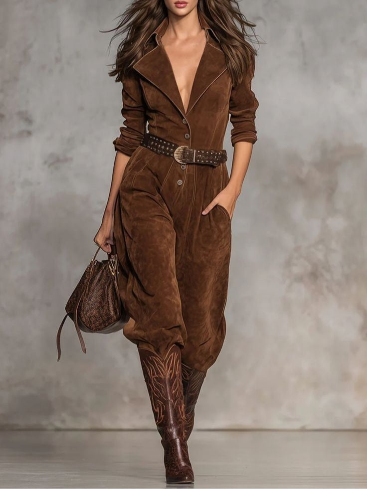 Brown suede jumpsuit with lapel and buttons（Includes belt）-thevervian