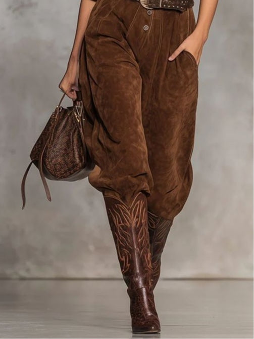 Brown suede jumpsuit with lapel and buttons（Includes belt）-thevervian