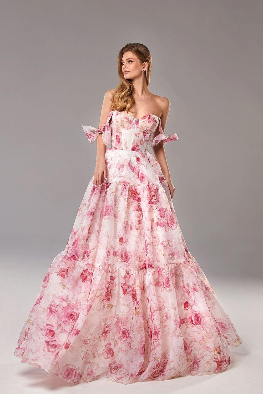 Organza Floral Print Tie Strap Maxi Dress-thevervian
