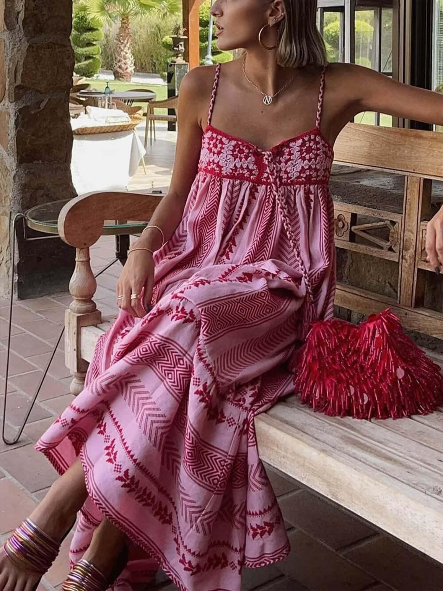 Pink Embroidered Midi Dress-thevervian