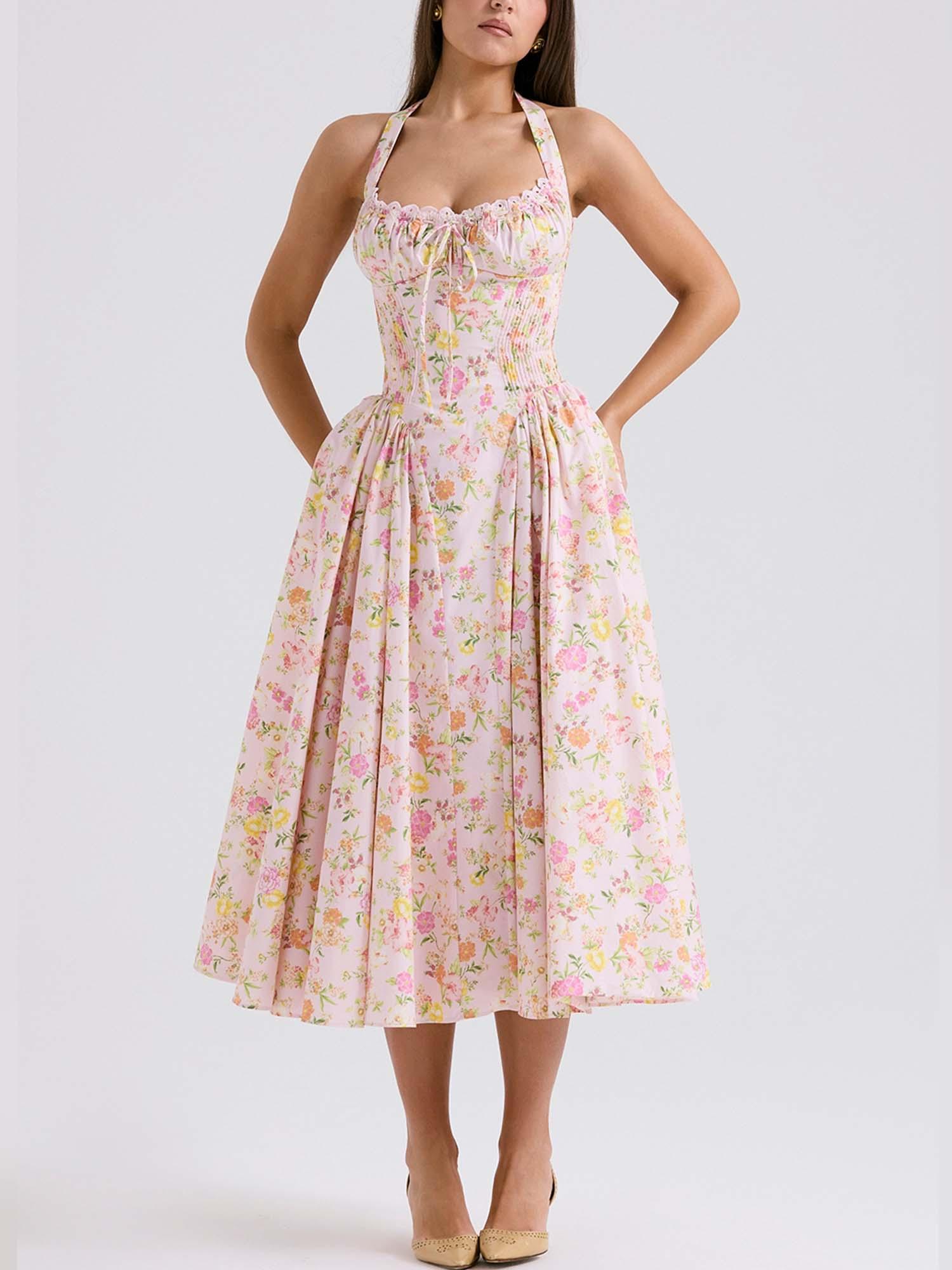 Romantic Floral Corset Midi Dress-thevervian