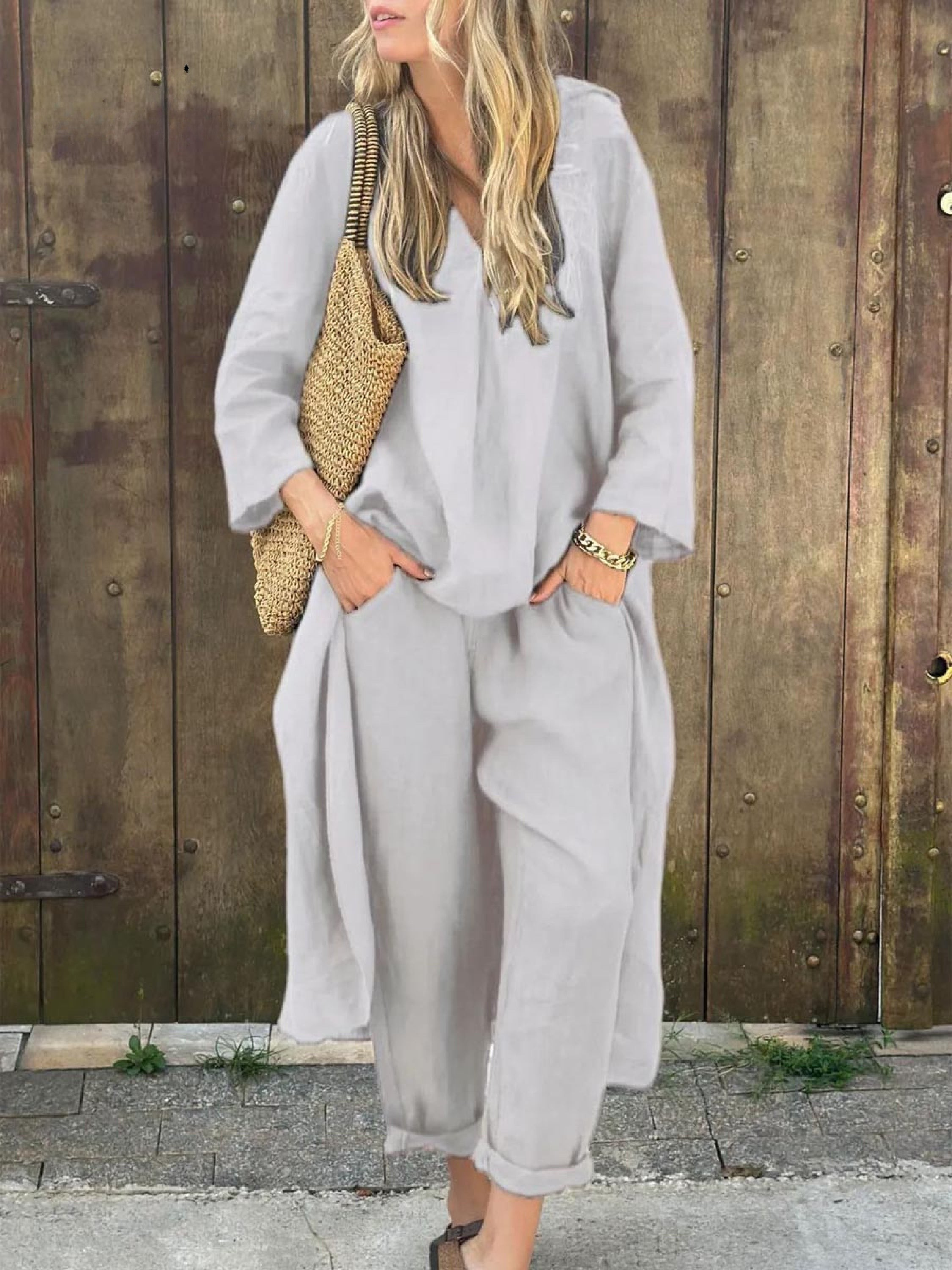 Linen Irregular Loose V-neck Top and High-Waisted Pocket Wide-leg Pants Set-thevervian