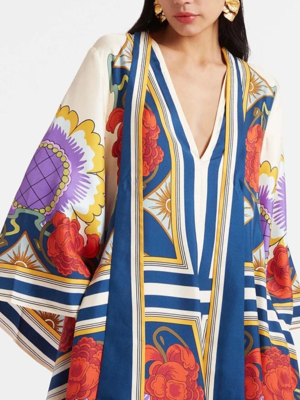 Exquisite Floral Print Draped Waterfall Sleeves Maxi Dress-thevervian