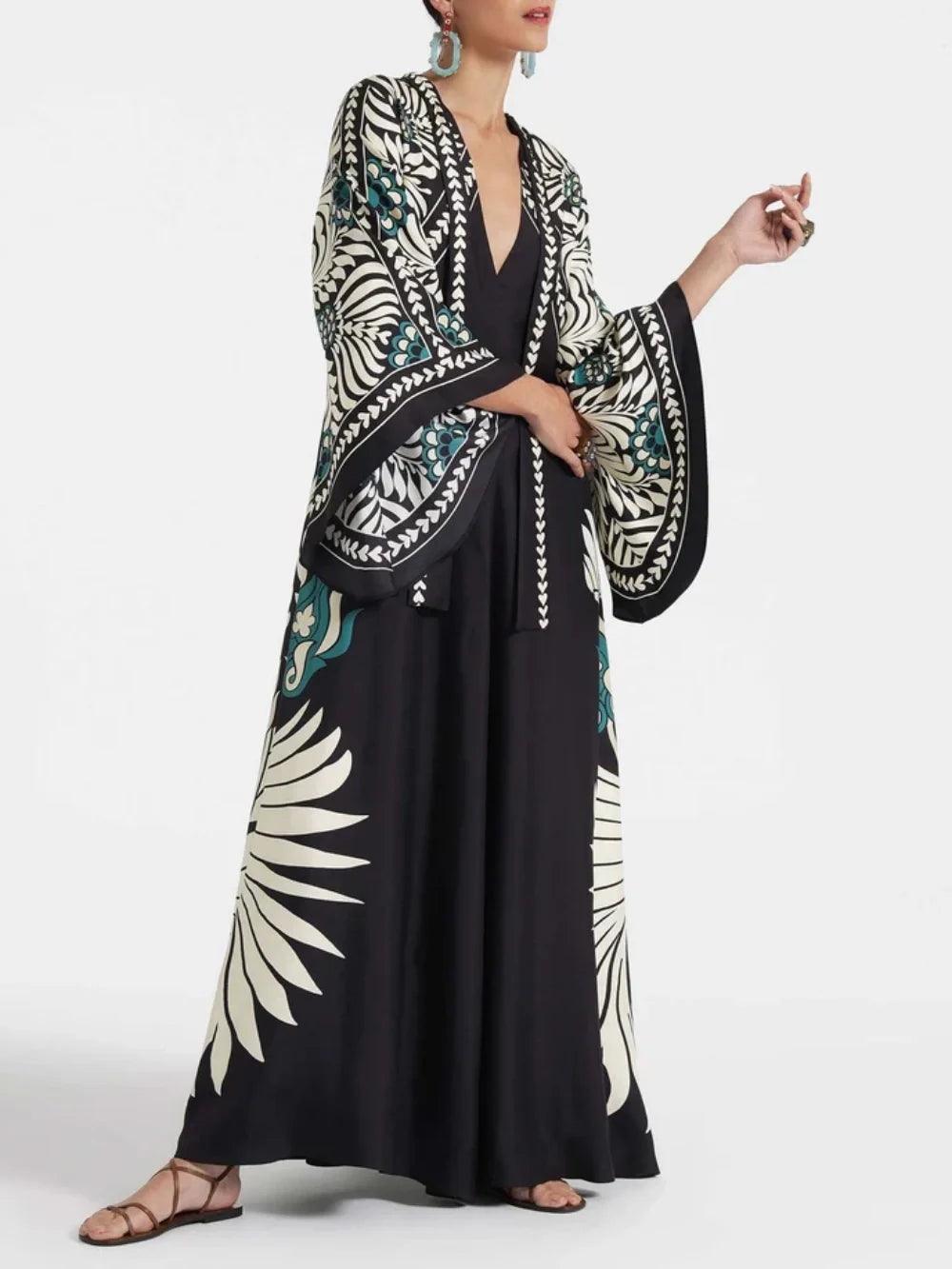 Elegance Floral Print Waterfall Sleeves Maxi Dress-thevervian