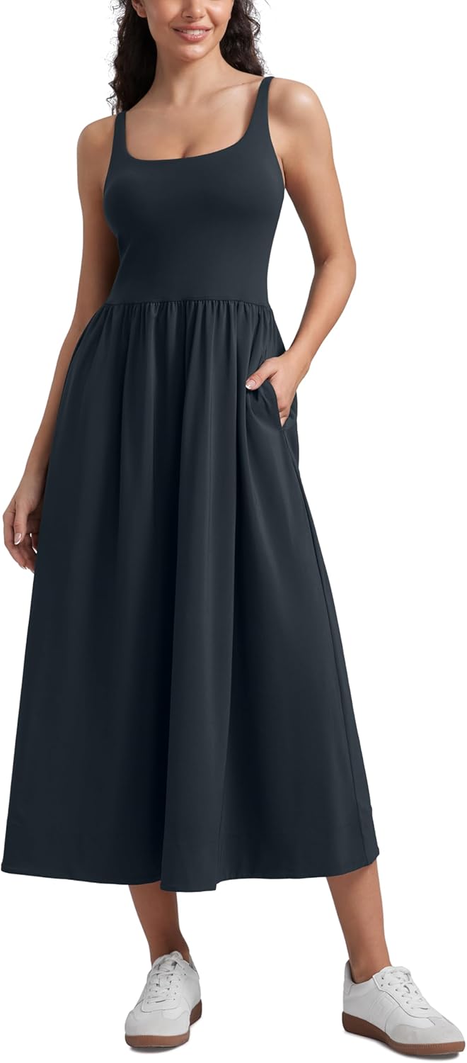 Square Neck Maxi Dress for Women - Flowy Sleeveless Padded Travel Casual Outfits with Side Pockets