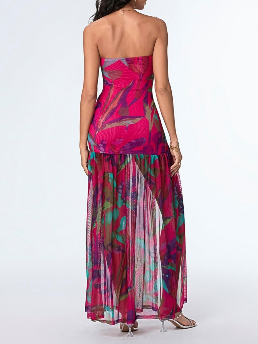 Printed Strapless Slit Maxi Dress-thevervian