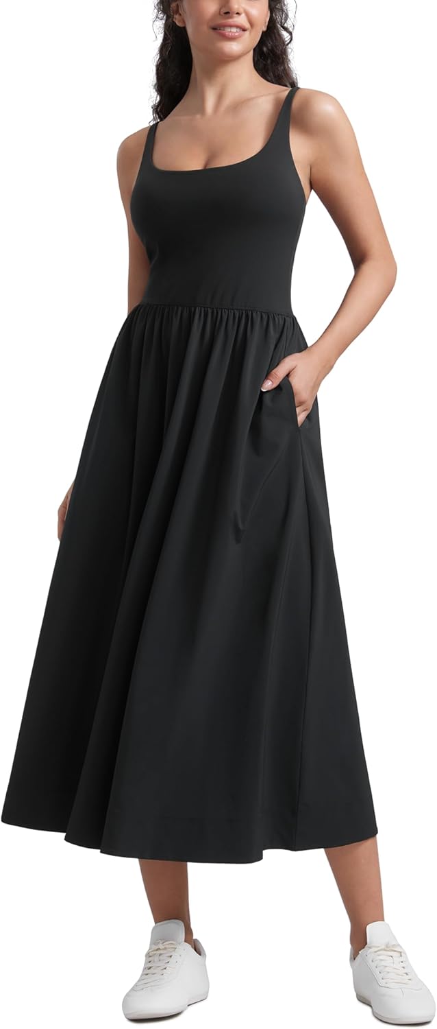 Square Neck Maxi Dress for Women - Flowy Sleeveless Padded Travel Casual Outfits with Side Pockets